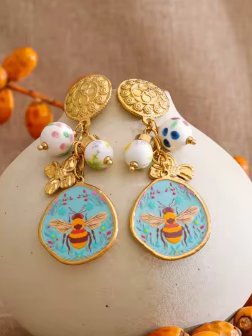 Whimsical Bee Blue Floral Charm Earrings - Picture 10 of 13
